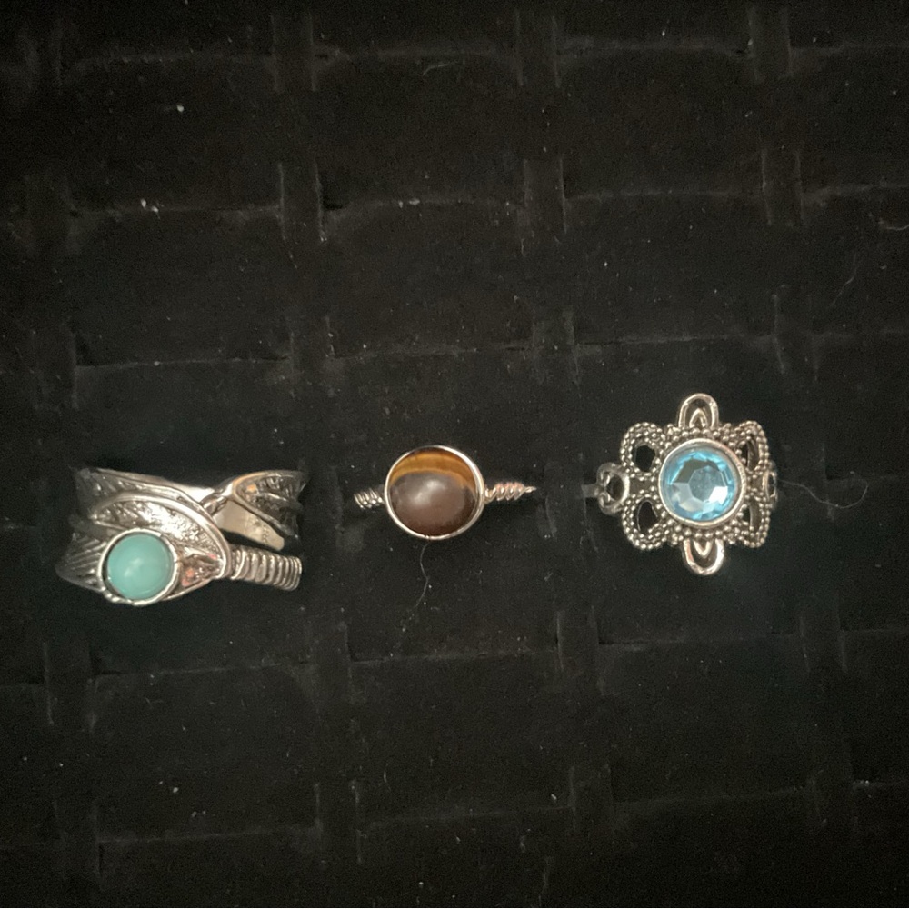 New x3 Silver Tone Rings Turquoise Cat Eye Blue Topaz Fashion Set Size 7 / 8.5